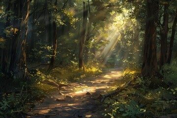 Wall Mural - Peaceful Forest Path with Sunlight Streaming Through Trees - Ideal for Nature Posters and Prints