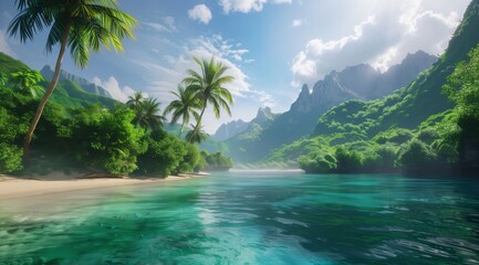 Wall Mural - Beautiful tropical beach with clear water and green mountains in the background