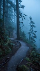 Canvas Print - A path through the woods with fog and trees on both sides. AI.