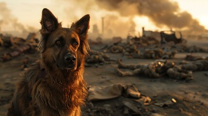 Poster - A dog is sitting in front of a pile of rubble. AI.