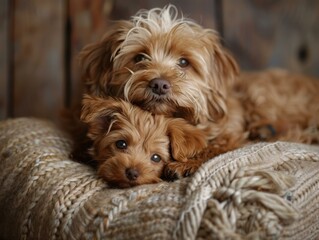 Poster - Two small dogs laying on a blanket together with their heads touching. AI.