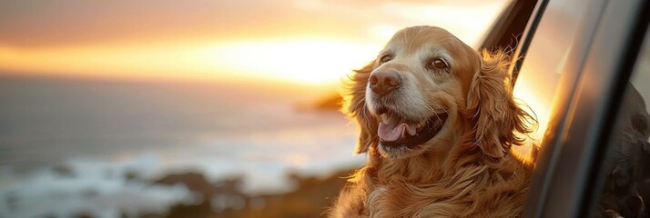 Poster - A dog is looking out the window of a car at sunset. AI.