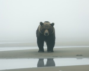 Sticker - A bear walking on a beach in the fog with water. AI.