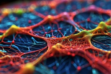 A close up of a colorful networked structure. AI.
