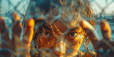 Poster - A close up of a young girl with her hands behind the fence. AI.