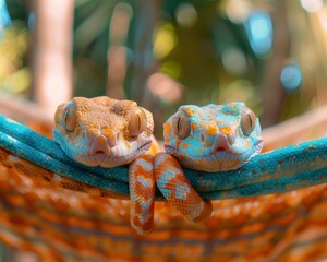 Poster - Two geckos are sitting on a blue and green hammock. AI.