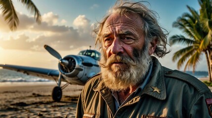 Poster - A man with a mustache and beard standing next to an airplane. AI.