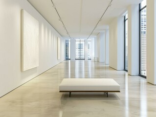 Canvas Print - A white bench in a large room with tall windows. AI.