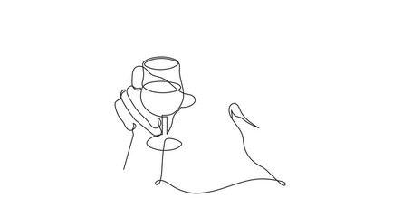 Wall Mural - Hands hold wine glasses one line animation art,continuous drawing drink contour motion.Cheers toast festive holiday video,romantic Valentine's Day toast.4k self-drawing movie