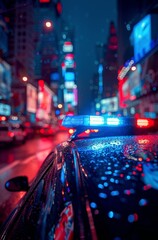 emergency vehicle lights reflecting on wet street in city at night