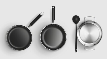 Realistic pan. Cookware that is isolated, metal saucepans and skillets, and steel cooking pots with caps. 3D vector illustration of an aluminum frying pan and kitchen tool