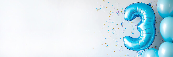 A festive celebration of the third birthday with balloons and confetti in blue pastel tones, an inflatable balloon with the number 3 on a white background. Banner with copy space.