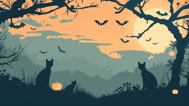the moonlight casts eerie shadows on a spooky halloween scene featuring black cats and bats