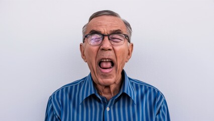 An older man with glasses and a blue shirt is making an expression, AI