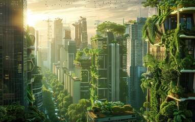 Wall Mural - A futuristic cityscape where nature has reclaimed urban spaces. Towering skyscrapers entwined with lush vines, rooftop gardens teeming with wildlife, and streets transformed into green corridors