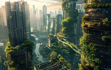 Wall Mural - A futuristic cityscape where nature has reclaimed urban spaces. Towering skyscrapers entwined with lush vines, rooftop gardens teeming with wildlife, and streets transformed into green corridors