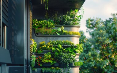 Wall Mural - Vertical garden on a modern building exterior with lush greenery and natural light