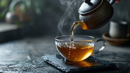 copyspace, stockphoto, Pouring Healthy Tea. Earl Grey tea, healthy food concept. Hot drinks.