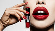 © starush - A woman with red lipstick and a bright red lip gloss, AI
