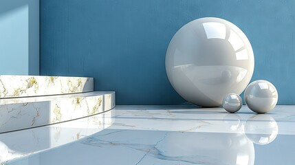  A white egg sits atop a blue marble wall with two smaller white balls nearby