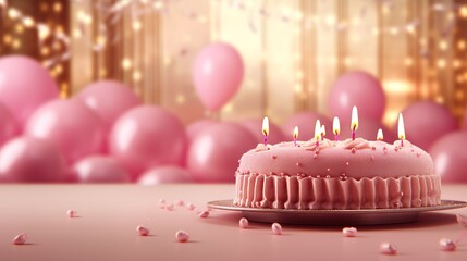 Birthday cake with candles, illuminated by candlelight in bokeh lights for celebratory event