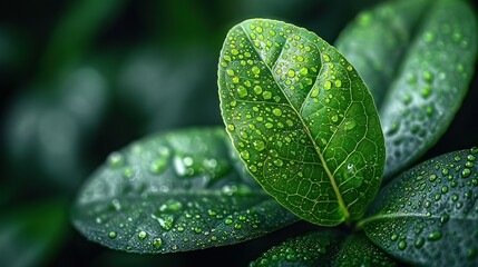 Wall Mural -   Green leaf with water drops