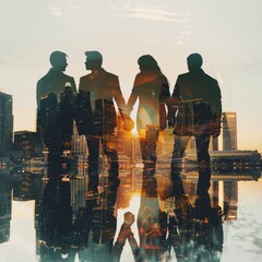 Wall Mural - Panorama of business people working together with silhouettes and a modern city background in double exposure