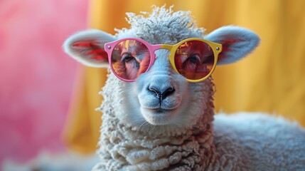 Wall Mural - A cute sheep stands against a pink and yellow background wearing colorful sunglasses.