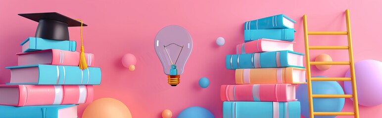 Graduation cap on books, back to school concept 3D rendering. AI generated illustration