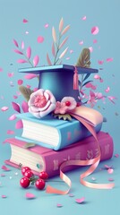 A mortarboard and graduation scroll, tied with red ribbon, on a stack of books. AI generated illustration