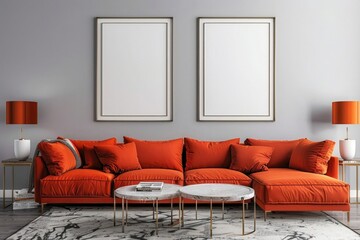 front view of two small blank white canvas in frames hanging on the wall, living room with grey walls and orange accent color couch