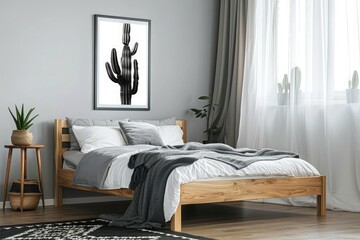 Minimalist bedroom with a wooden bed, a black and white cactus poster on the wall above a bedside table