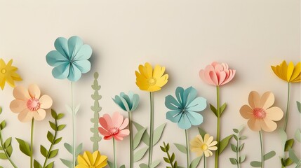 Wall Mural - Colorful Flowers on cream colored background in a paper-cut art style.