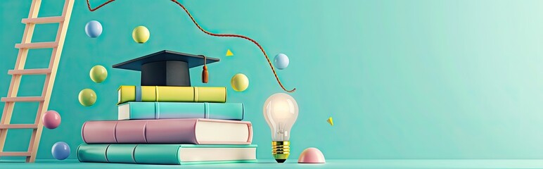 Wall Mural - Graduation cap on books, back to school concept 3D rendering. AI generated illustration