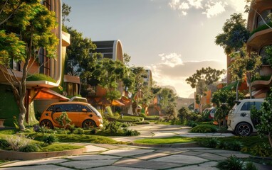 Wall Mural - A modern eco-friendly neighborhood showcasing vibrant greenery and innovative architecture on a sunny day