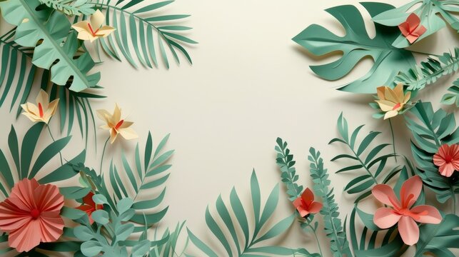 Colorful Tropical Flower background in a paper-cut art style.