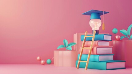 Wall Mural - Graduation cap on books, back to school concept 3D rendering. AI generated illustration