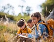 © gmm2000 - A group of children on a field trip in nature, in their hands holding notebooks and pens. generative ai