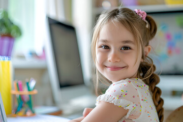 Portrait happy smiling little girl online studying with computer at home.