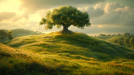 Wall Mural - large tree standing on green hilltop at sunset
