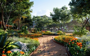 Lush garden path meandering through vibrant flowers on a sunny day in a botanical park