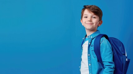 A cheerful smiling little boy with a backpack is having fun on the background of a blue wall and points to your text. The concept of the school. back to school.