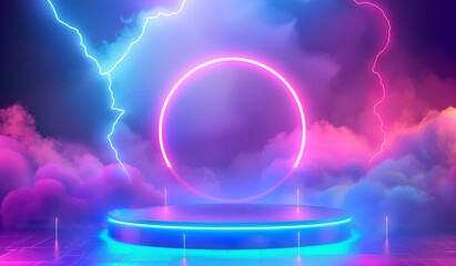 Wall Mural - Abstract blue podium with lightning and glowing neon shapes in the background