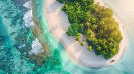 Wall Mural - Paradise Found Aerial View of Tropical Island Oasis with Pristine Beaches and Vibrant Coral Reefs