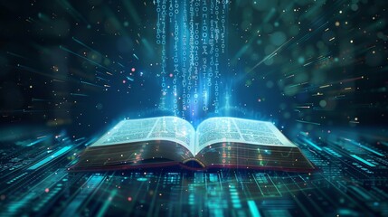 Digital Knowledge Nexus Illuminating the Future of Learning with Holographic Data Nodes and Glowing Binary Code on Open Book Futuristic and Magical Concept for Information Technology Design