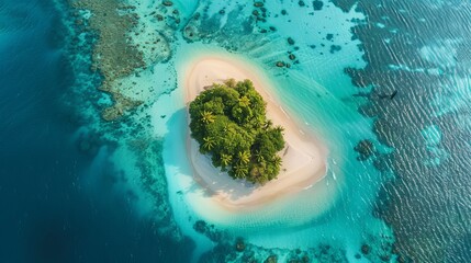 Wall Mural - Paradise Found Aerial View of Tropical Island Oasis with Pristine Beaches Vibrant Coral Reefs and Lush Palm Trees Perfect for Travel Blogs Vacation Planning and Environmental Awareness Campaigns