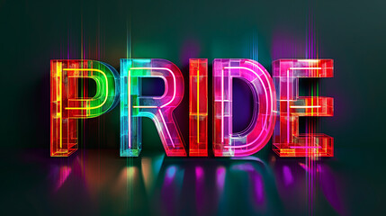 PRIDE Party Holographic Neon Glitch Banner. Colorful Rainbow, Disco Lights, Ultraviolet Beam Glow, Synthetic, Glass Candy Text Effect. Psychedelic Cyber Vibe, Trance Music, Night Club Culture	