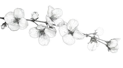 Poster -   A monochrome image featuring a tree branch adorned with blooms against a pure white backdrop