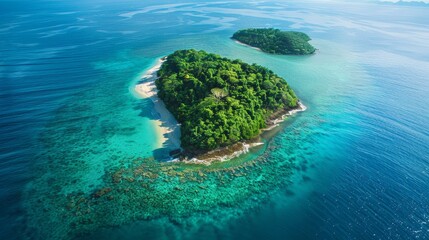 Wall Mural - Paradise Found Aerial View of Secluded Island Oasis with Pristine Beaches and Vibrant Coral Reef Luxury Travel and Ecotourism Destination