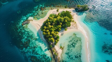 Wall Mural - Paradise Found Aerial View of Tropical Island Oasis with Pristine Beaches Coral Reef and Lush Vegetation Ideal for Travel Ads Nature Documentaries and Ecotourism Promotions